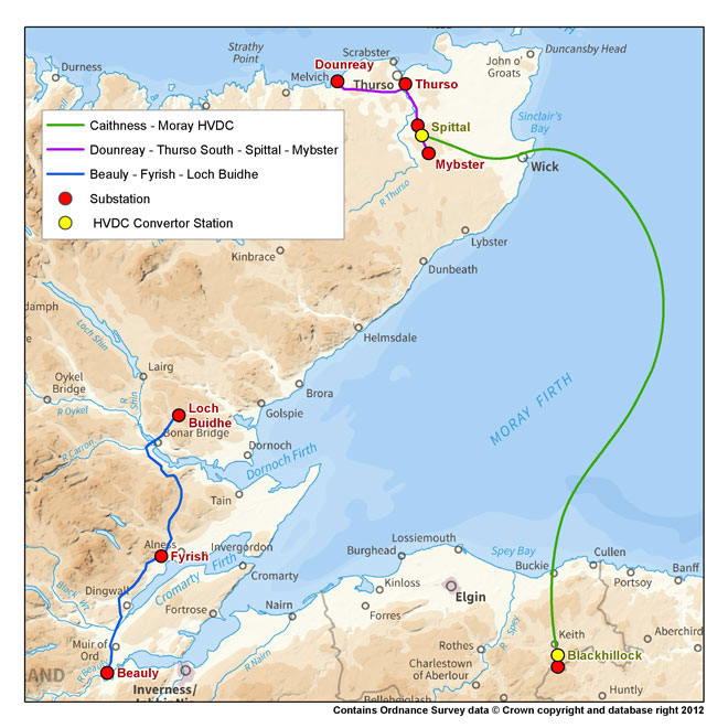 Map of Caithness Moray high voltage direct current (HVDC) power transmission link