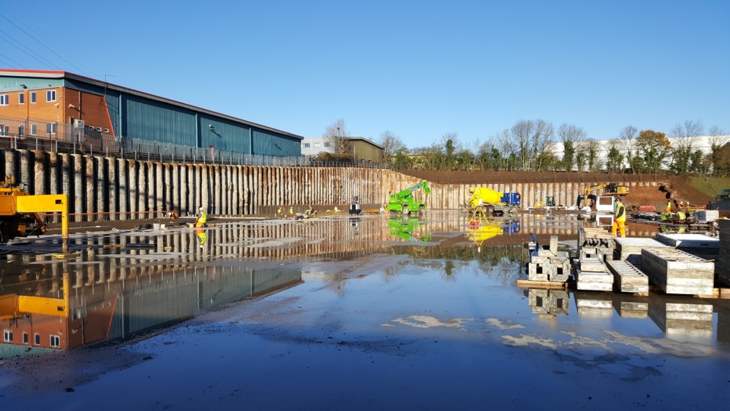 A panoramic view of the contiguous bored pile wall at Britivic Rugby