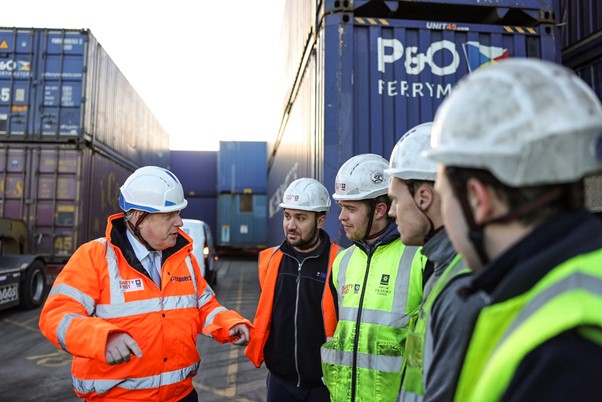 Boris Johnson chats to workers at Tilbury Docks