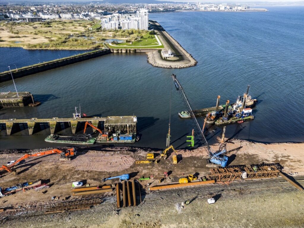 Aerial view of the construction works to create a new riverside berth at Leith Renewables Hub.