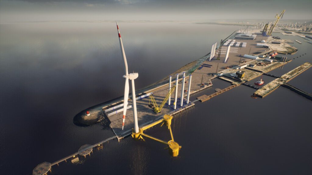 CGI image of the new Leith riverside berth with a floating foundation and turbine.